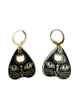 Black Cat Face Dangle Earrings - Gold Accents